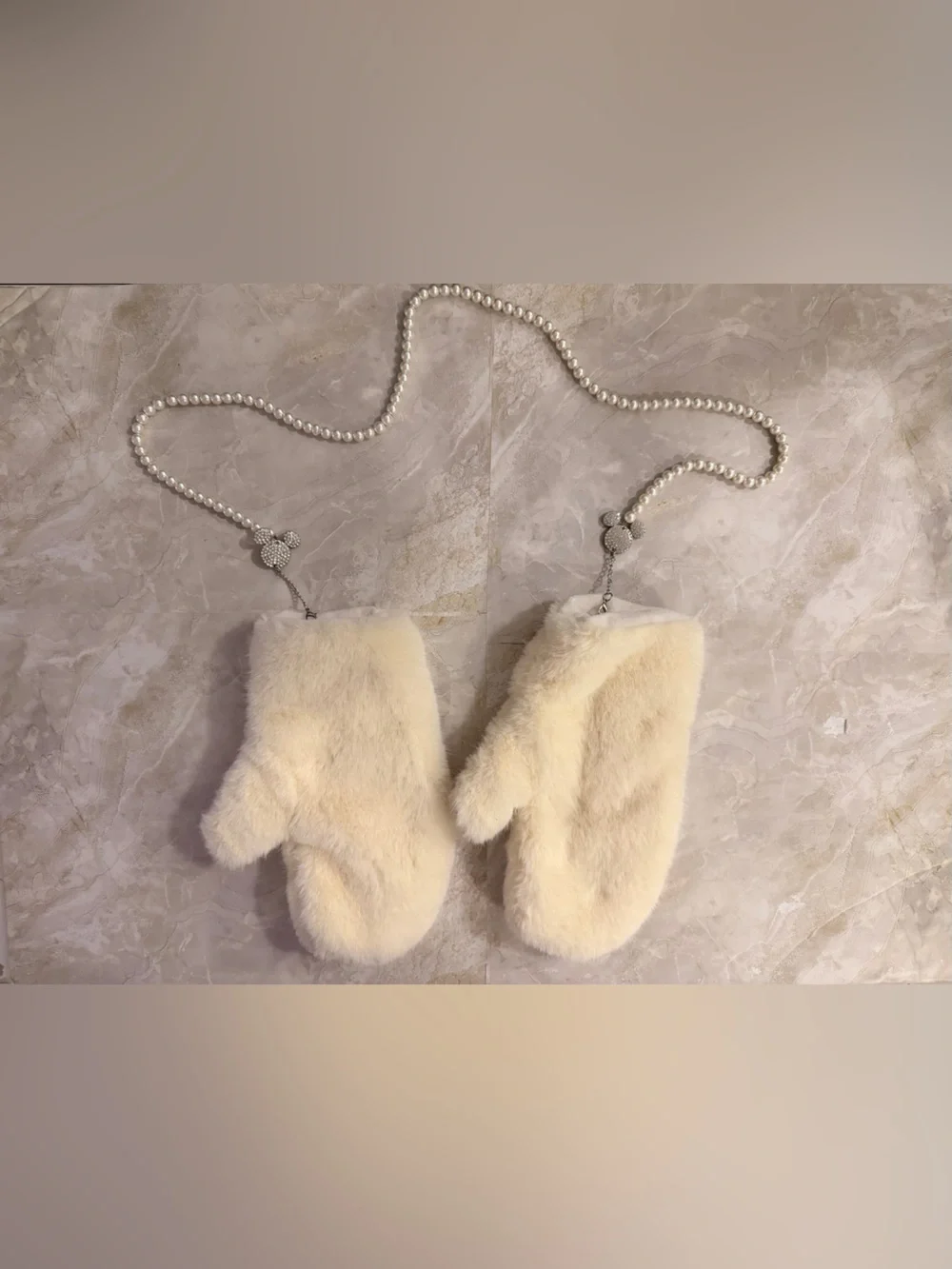 Disney Cream Faux Fur Pearl-Trim Mittens